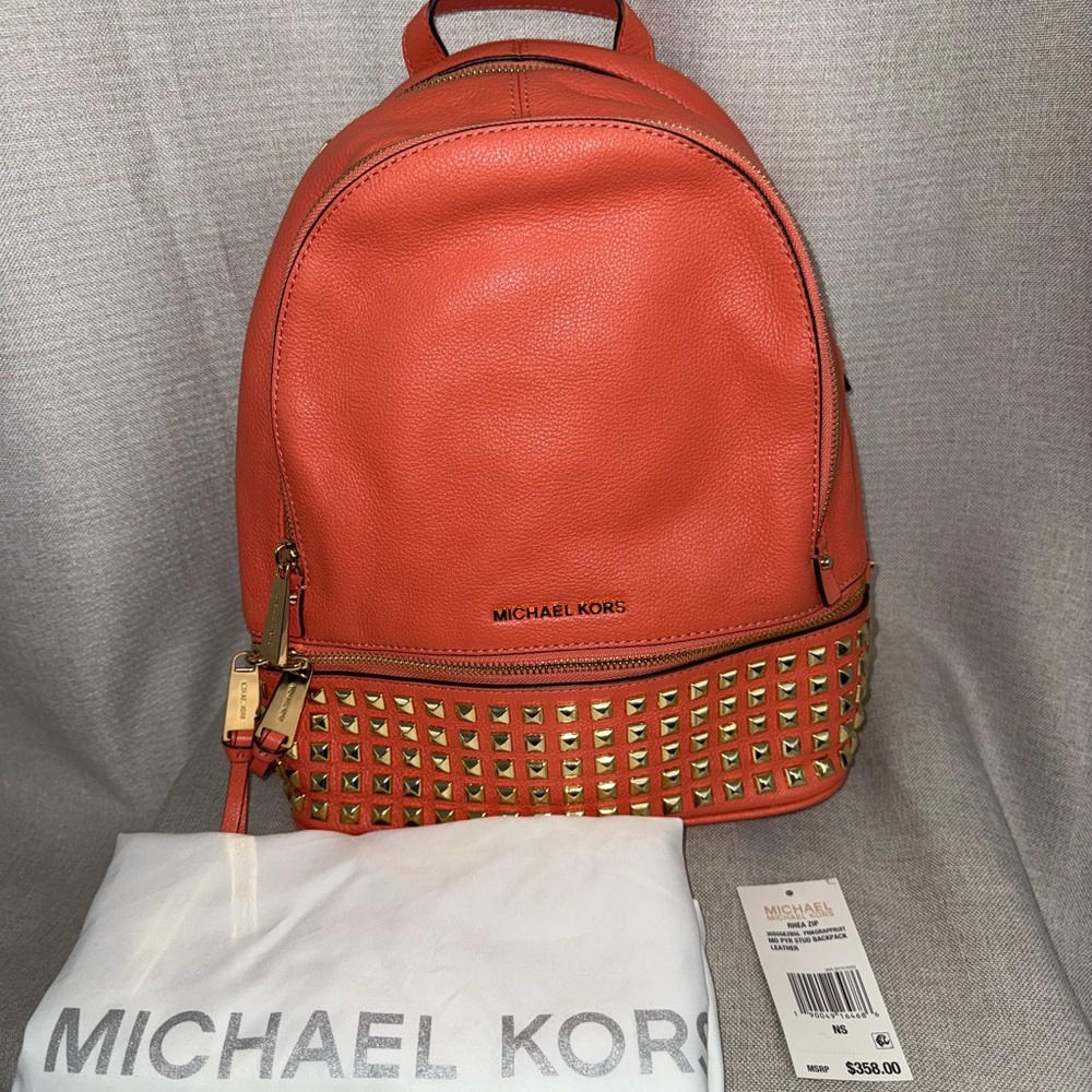 New Michael Kors Orange Gold Backpack with Studded Detailing